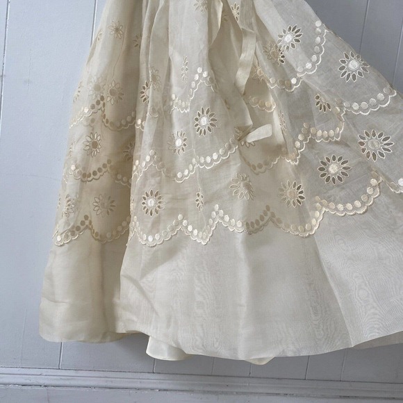 1950s Sheer Eyelet Embroidered Organza Party Dress Rounded Collar Satin Buttons - Picture 3 of 12